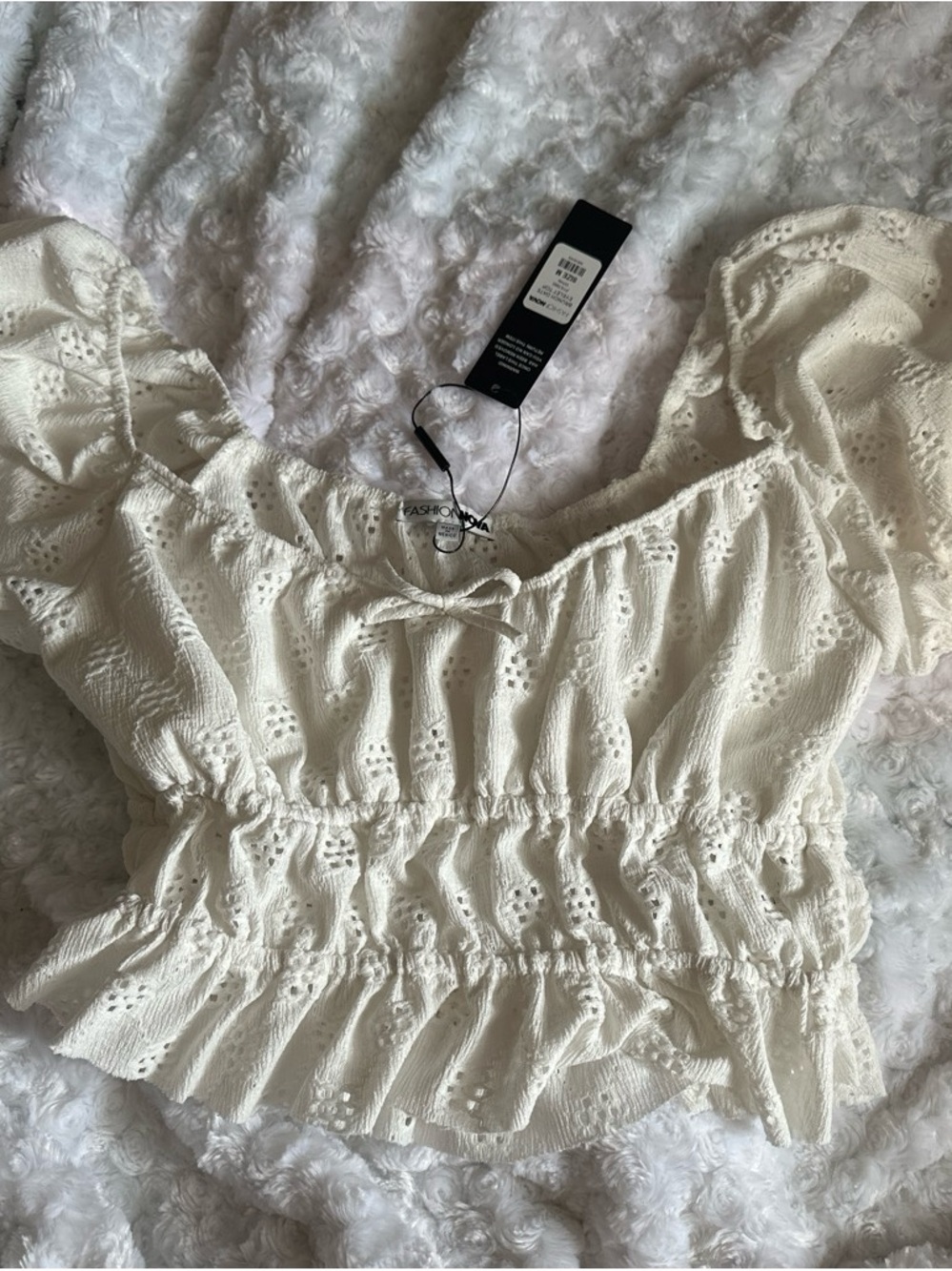 Fashion Nova Ivory Eyelet Smocked Cropped Top